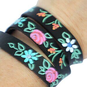 Floral Black Leather Wrap Cuff Bracelet with Hand Painted Flowers Boho Jewelry